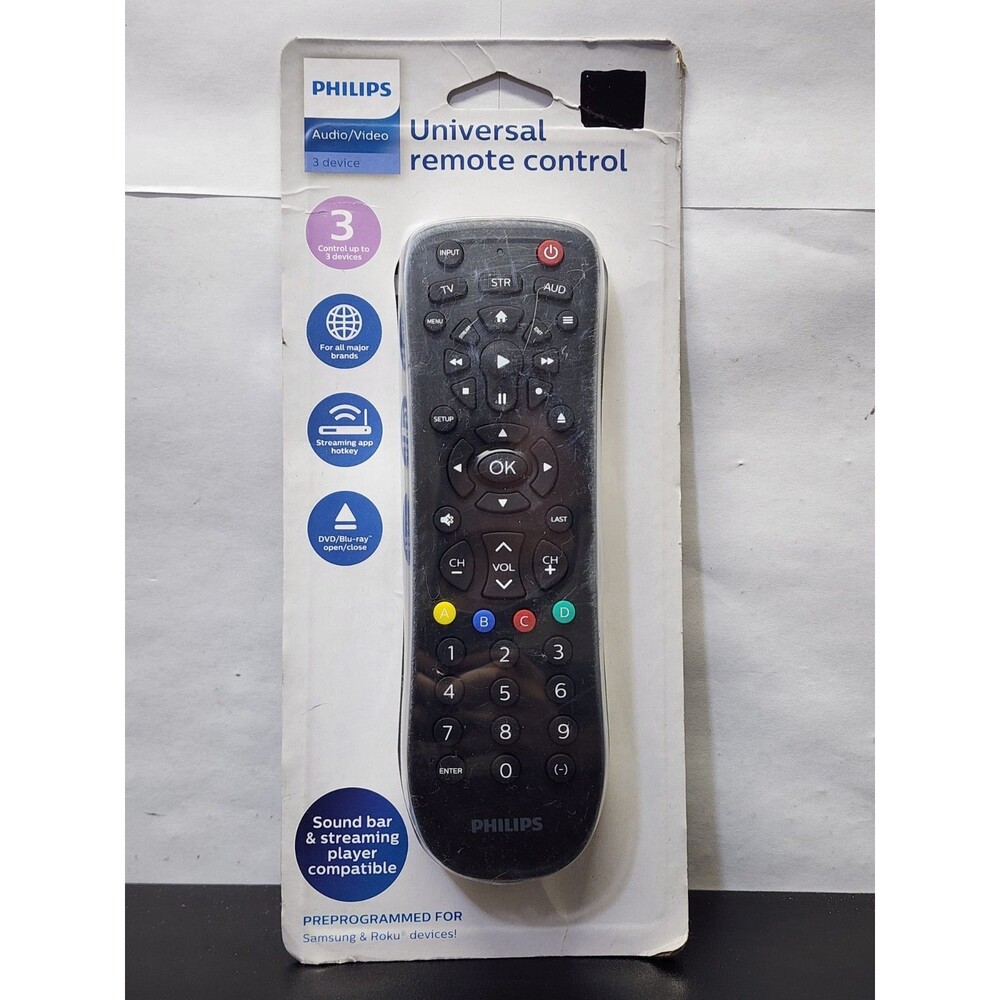 PHILIPS Universal Remote Control, Audio/Video 3 device Black New In Box Sealed